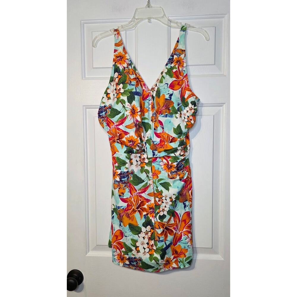 Denim& Co Beach V-Neck Wrap Front Swim Dress Tropical Size 16